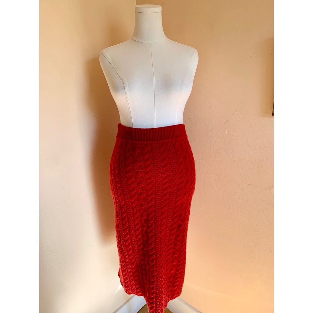 FIBFLX 100% Cashmere Red Cable Knit Midi Skirt Medium